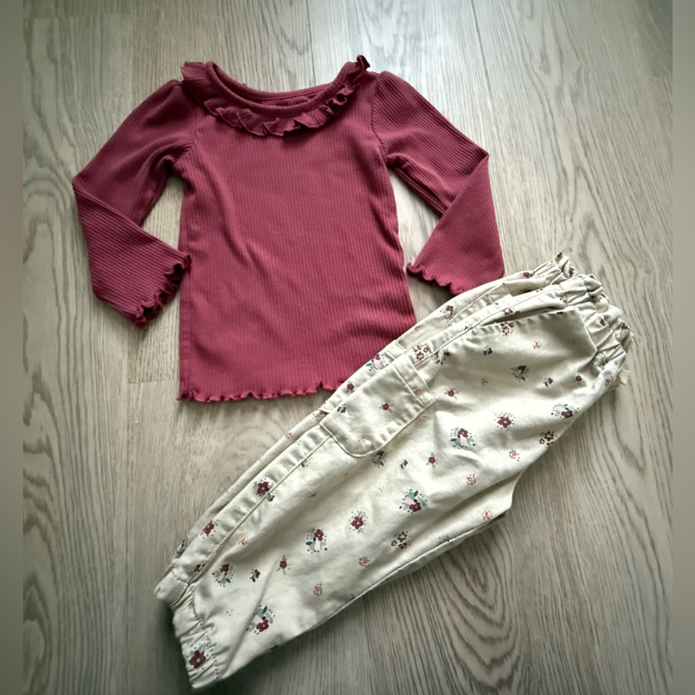 Toddler Girl Outfit - Ribbed Long Sleeve Top and Floral Cargo Pants